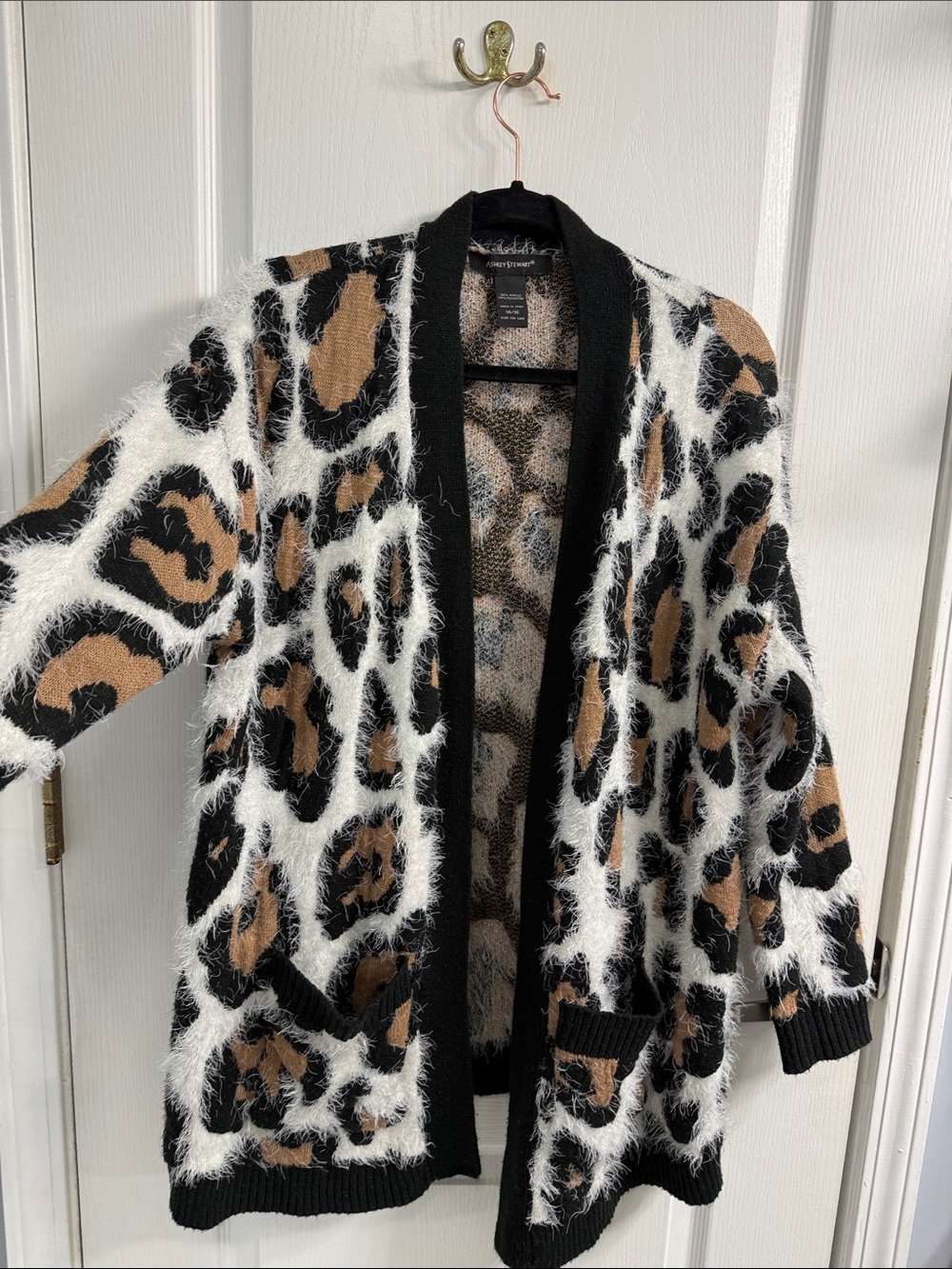 Ashley Stewart Fuzzy Leopard Open-Front Cardigan Black, White & Brown Boho Chic